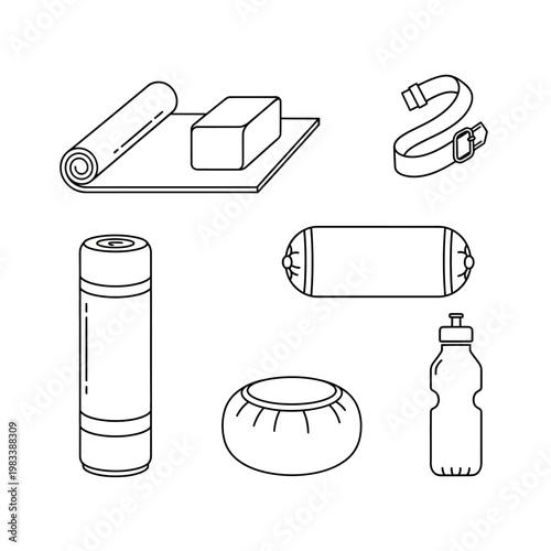 Yoga and pilates equipment collection monochrome illustration isolated