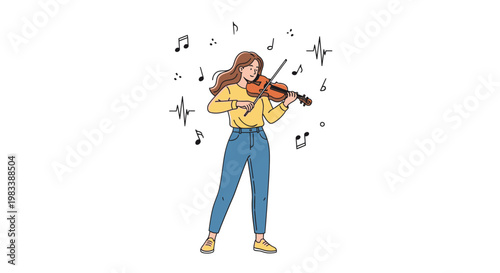 Woman playing a violin with musical notes.