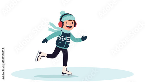 Cheerful young boy ice skating on a frozen pond wearing warm winter clothes and earmuffs for outdoor seasonal fun.