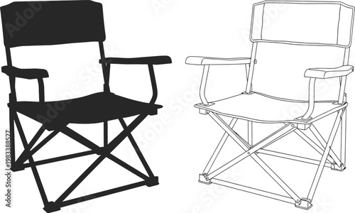 Two folding chairs a black silhouette and a white line drawing