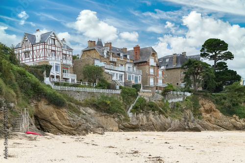 Saint-Lunaire in Brittany, traditional bathing huts on the Grande Plage
