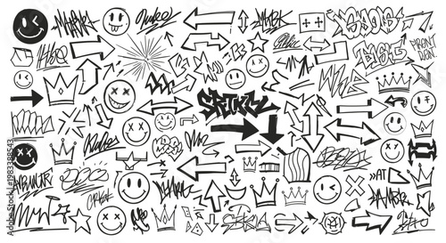 Large Collection of Hand Drawn Graffiti Stickers and Urban Doodle Elements over a Plain White Background
