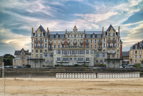 Saint-Lunaire in Brittany, traditional bathing huts on the Grande Plage
