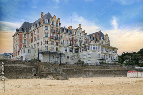 Saint-Lunaire in Brittany, traditional bathing huts on the Grande Plage
