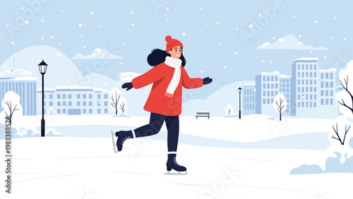 Happy young woman ice skating in a beautiful snowy city park with buildings and trees in the background during winter.