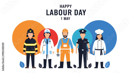 Happy Labor Day Celebration: A diverse group of essential workers stand together in solidarity, representing a celebration of labor and the contributions of everyday heroes.