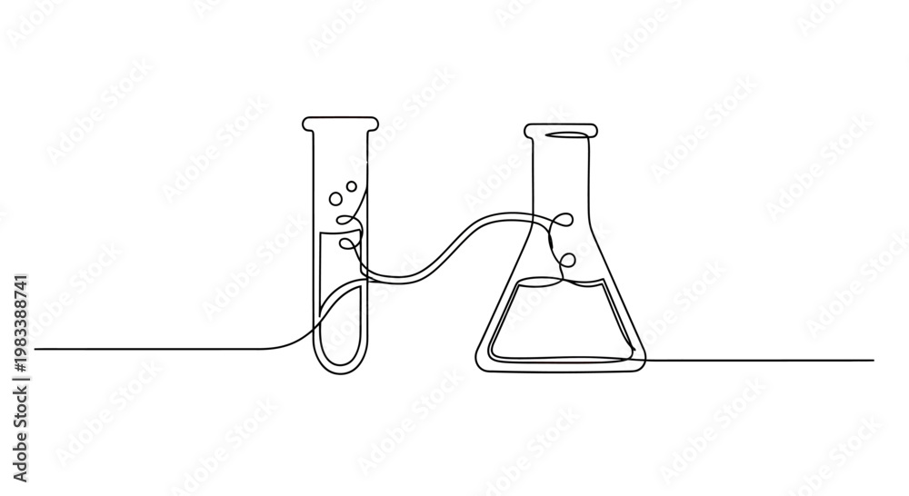 Fototapeta premium Single line drawing of a test tube and flask connected by tubes