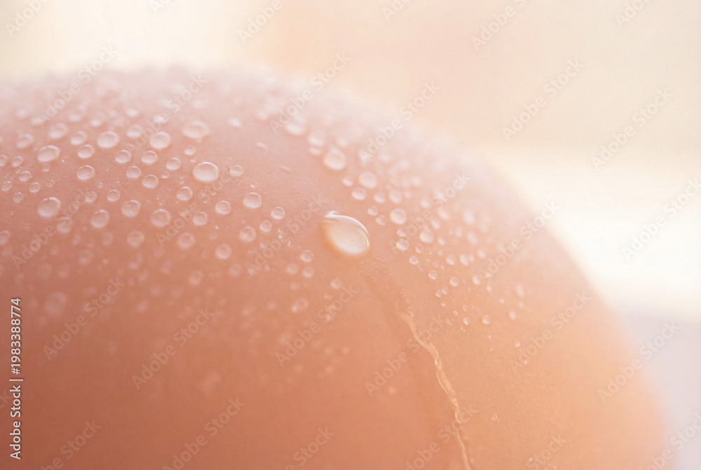 Fototapeta premium Macro close-up of water droplets on clean human skin for hydration skincare and beauty product background.
