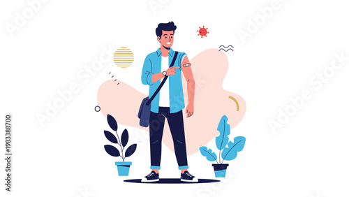 Young man pointing to a bandage on his upper arm after receiving a vaccination to show support for public health safety.