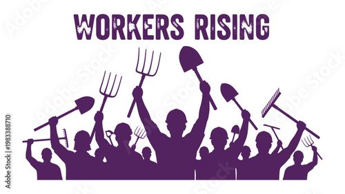 Workers' Rising Silhouette: A determined silhouette of a workforce with tools raised high, symbolizing strength, solidarity, and the power of collective effort and movement.