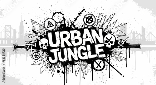 Gritty Monochrome Urban Jungle Graffiti Art Background Featuring Skulls Paint Splatters and a Distant City Skyline