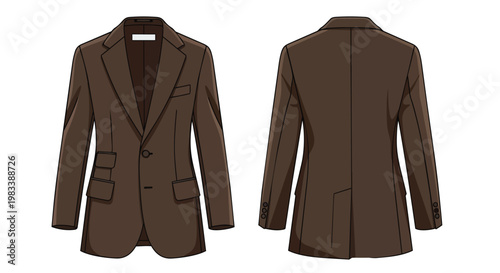 A detailed vector illustration showcasing the sophisticated front and back views of a classic men's brown tailored blazer jacket on a pristine white