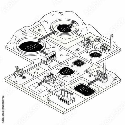 Illustration of an industrial complex with pipes, tanks, and waste pools, presented in a clean, isometric line art style.