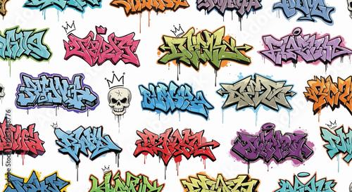 Colorful Collection of Various Urban Graffiti Tags and Lettering Styles with Skull Illustration on White Background