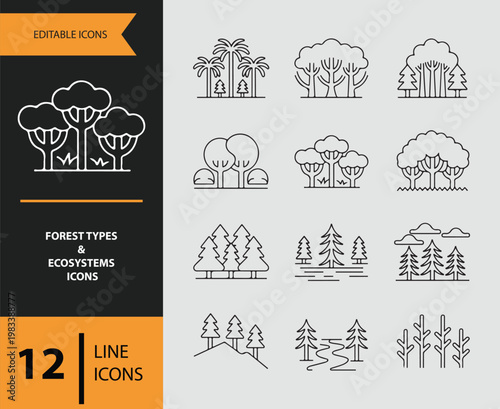 Collection of forest types and ecosystems line icons in editable format