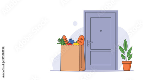 Brown paper bag filled with fresh groceries sitting on the floor in front of a closed apartment door for home delivery.
