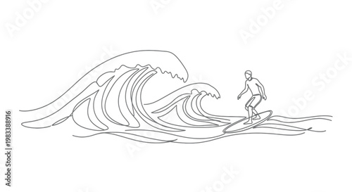 A lone surfer rides a massive wave in a stylized line drawing