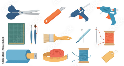 Crafting tools collection isolated on black background