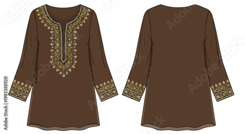 Elegant brown tunic with intricate golden embroidery on the V-neckline and cuffs, showcasing a front and back technical flat sketch view on a white