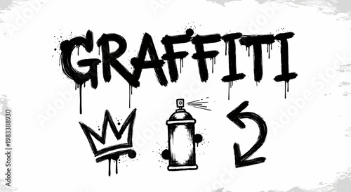 Black Graffiti Lettering with Dripping Paint Effects Spray Can Crown and Arrow Symbols on White Background