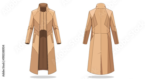 A detailed digital illustration showcasing a modern beige long overcoat presented with both its front and back views perfect for contemporary