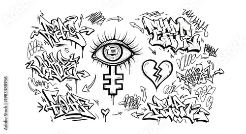 Black and White Urban Street Art Illustration Featuring Graffiti Tags, Stylized Eye Icon, and Broken Heart Sketches