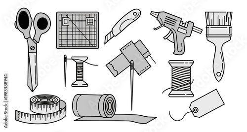 Crafting tools collection isolated on black background