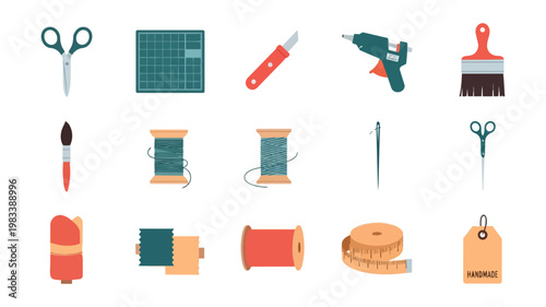 Crafting tools collection isolated on black background for creative projects