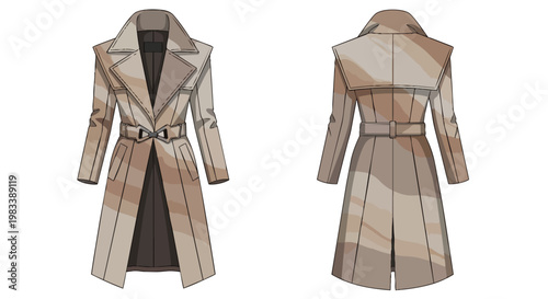 Classic beige trench coat flat drawing depicting front and back views, showcasing timeless design principles, elegant silhouette, wide lapels, and