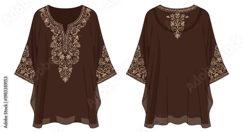 Exquisite brown kaftan tunic adorned with intricate golden floral embroidery, presented from both front and rear perspectives, embodying a