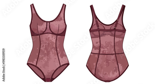 Technical drawing of an elegant pink lace bodysuit, front and back views, perfect for fashion design, intimate lingerie concepts, apparel product