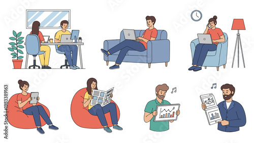 Diverse group of people using laptops and tablets while working or relaxing in various comfortable home and office settings.