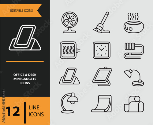 Office and desk mini gadgets icons in line style for business concepts