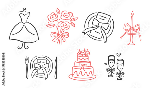 Wedding lone icon set with dress, cake, bouquet