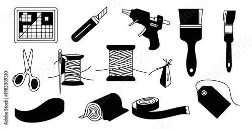 Sewing and tailoring tools isolated on black design elements