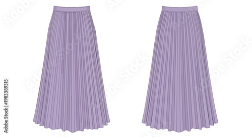 An exquisite technical fashion flat vector illustration featuring a beautiful flowy pleated maxi skirt in a delicate lavender hue, showcasing modern
