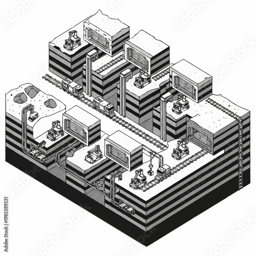 Isometric illustration of a complex industrial mining operation with excavators, trains, and processing facilities.