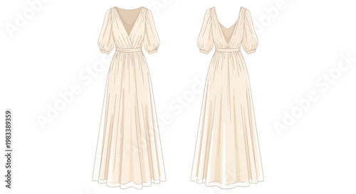Elegant flowing maxi dress with puffed sleeves and V-neck, a beautiful fashion design illustration for formal wear