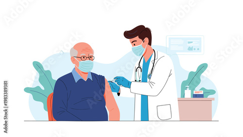 Professional doctor in a face mask giving a vaccination shot to an elderly man in a medical clinic for health protection.