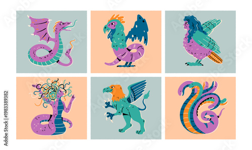 Mythological creatures, ancient Greece, folklore. Fantasy monsters. Amphisbaena, gorgon medusa, griffin, basilisk, harpy, hydra. Cartoon vector illustration set.