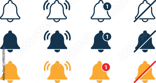A colorful illustration of various notification bell icons in different states and colors for design and vector concept