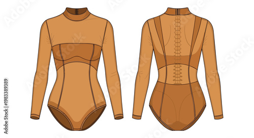 Elegant women's long-sleeve mock neck bodysuit technical flat sketch, front and back, sheer accents, intricate spine lacing, modern fashion visual