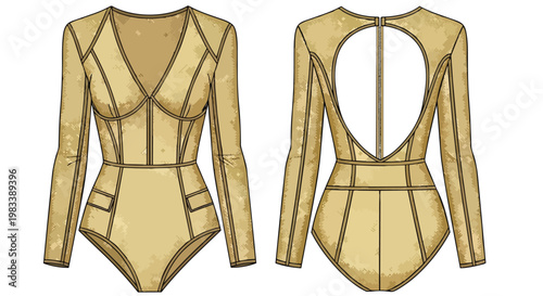 Fashion flat sketch of an elegant long-sleeved bodysuit with a V-neck and unique back cutout design