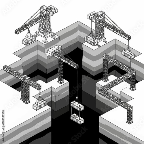 Construction cranes working together in a deep excavation site, illustrating teamwork and complex engineering.