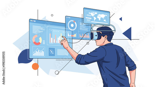Professional man using a virtual reality headset to interact with complex digital data screens and charts in a high-tech space.