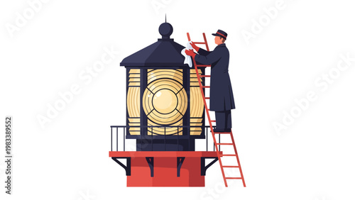 Coastal Beacon's Keeper: A dedicated lighthouse keeper meticulously maintains the coastal beacon, ensuring its light guides ships safely through the sea. An image of precision, duty.
