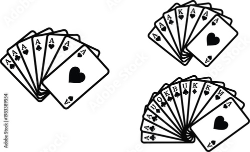 Multiple playing cards fan spreads aces poker casino illustration