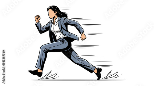 Speedy Businesswoman's Rush: A dynamic illustration captures a businesswoman in full stride, her determined form a symbol of ambition and the relentless pace of the corporate world. 