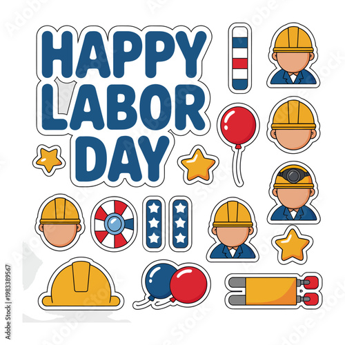 Happy Labor Day Celebration: An animated illustration captures the essence of Labor Day, featuring a collection of thematic elements such as hardworking individuals, stars, balloons.