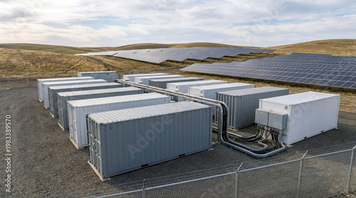 Industrial Battery Storage Containers Next to Solar Panels Under Cloudy Sky For Renewable Energy Solutions